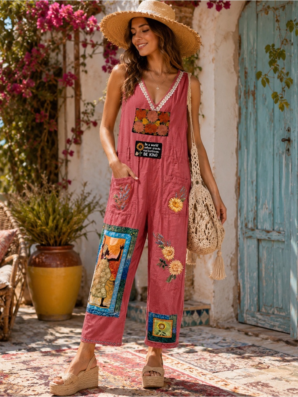 DLP Boho Patchwork Linen Blend Overalls / Jumpsuit – Embroidered Floral